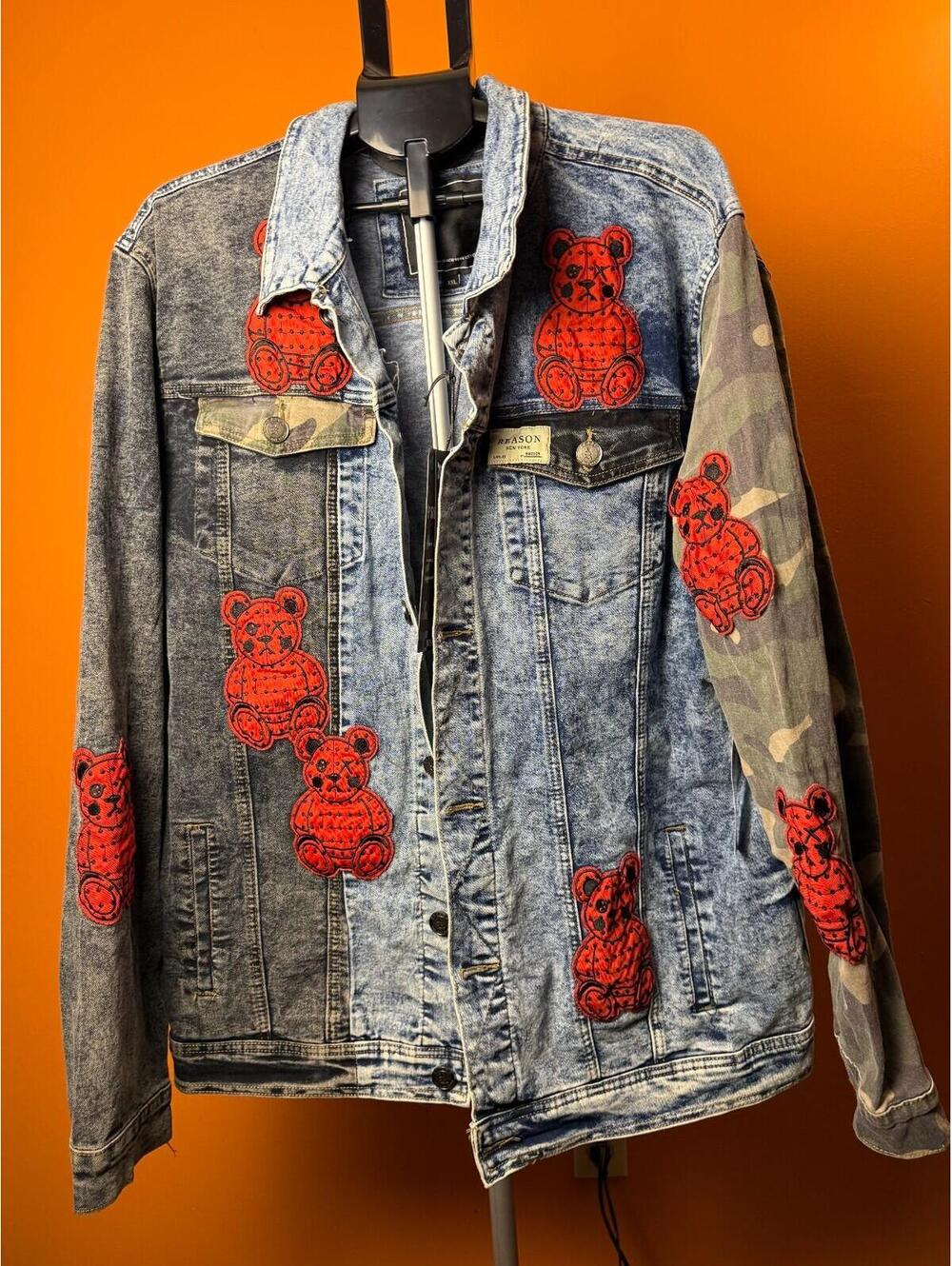 New rare Reason 2XL XXL Embroidered Teddy Bear patches denim jacket camo
